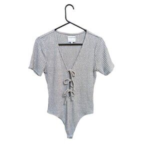 Privacy Please Gray Ribbed Knit Short Sleeve Bodysuit Women's Medium